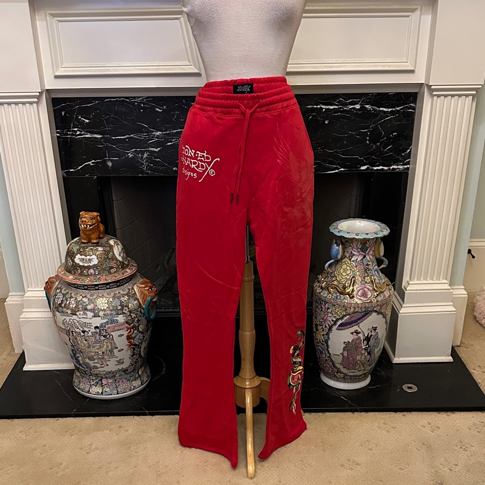 “Ed Hardy” Red Men’s Joggers with Embroidered Design